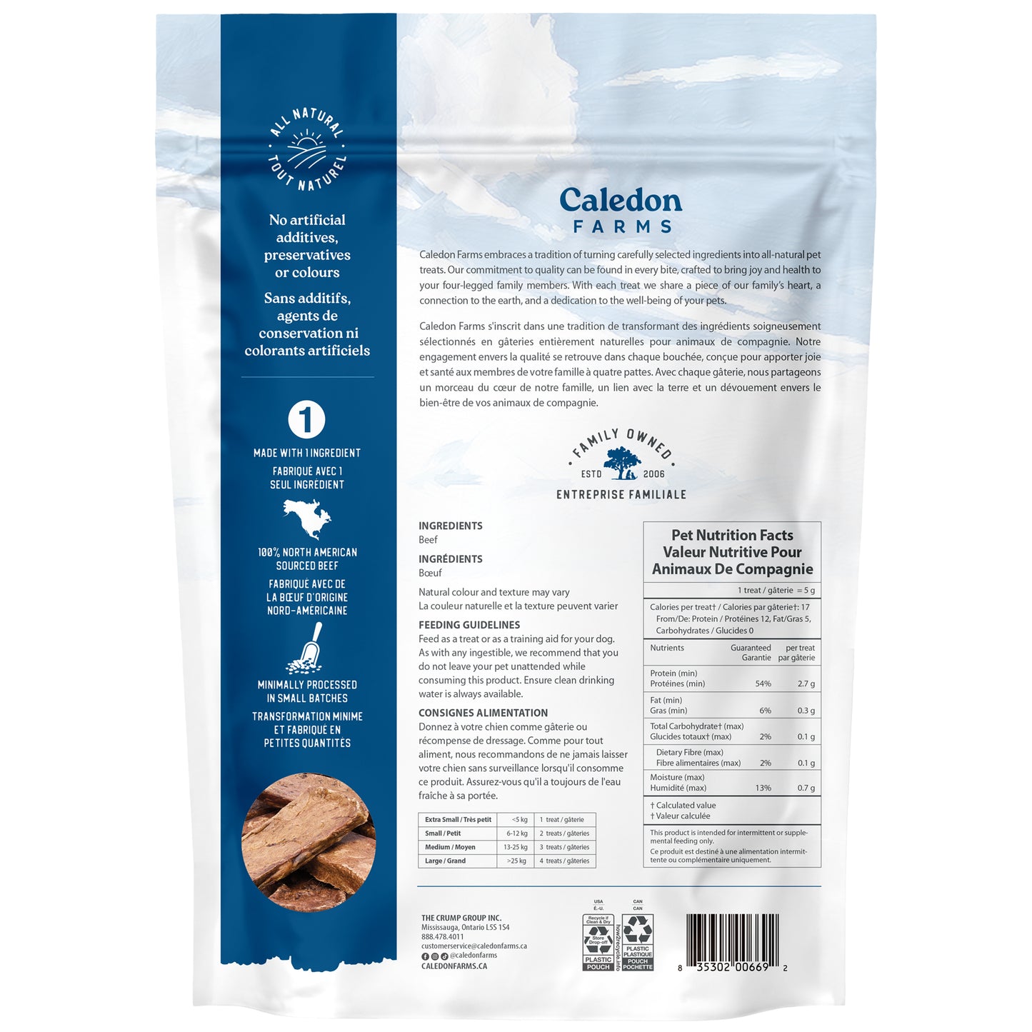 Back of a Caledon Farms Canada Super Value Pack Beef Tendersticks 555g® pet treat bag, featuring ingredients, feeding guidelines, nutritional facts, and an image of high-protein dog snacks on blue packaging emphasizing natural, additive-free beef.