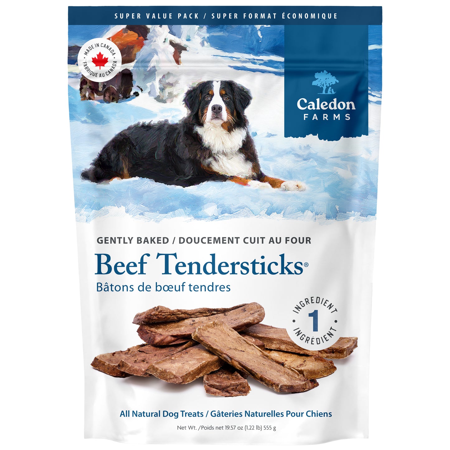 Caledon Farms Canada Super Value Pack Beef Tendersticks 555g features a Bernese Mountain Dog in snow, with the bag showing beef dog treats made from just one ingredient: beef.