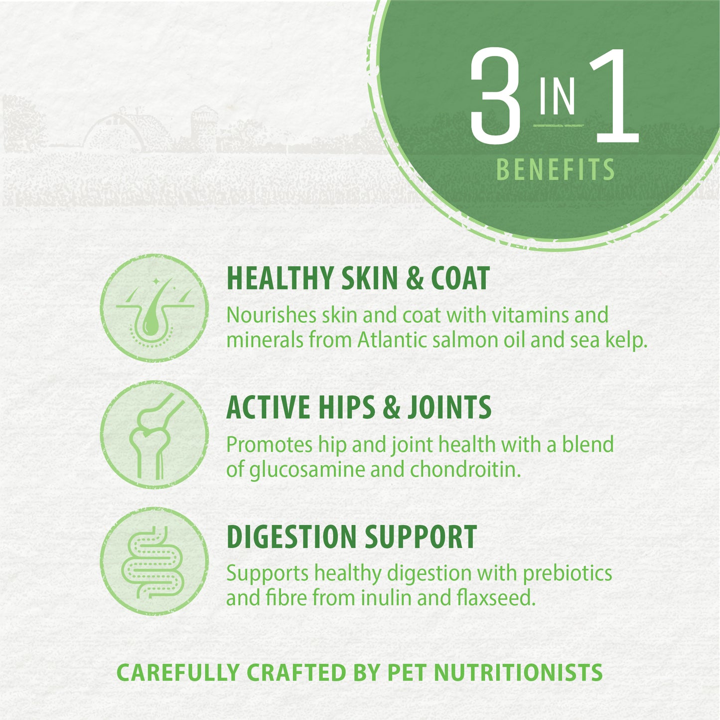 
                        
                          The “3 in 1 Benefits” infographic showcases Healthy Skin & Coat, Active Hips & Joints, and Digestion Support—key perks of Caledon Farms Duck Bites + Daily Essentials 110g, expertly crafted by pet nutritionists for your dog’s well-being.
                        
                      
