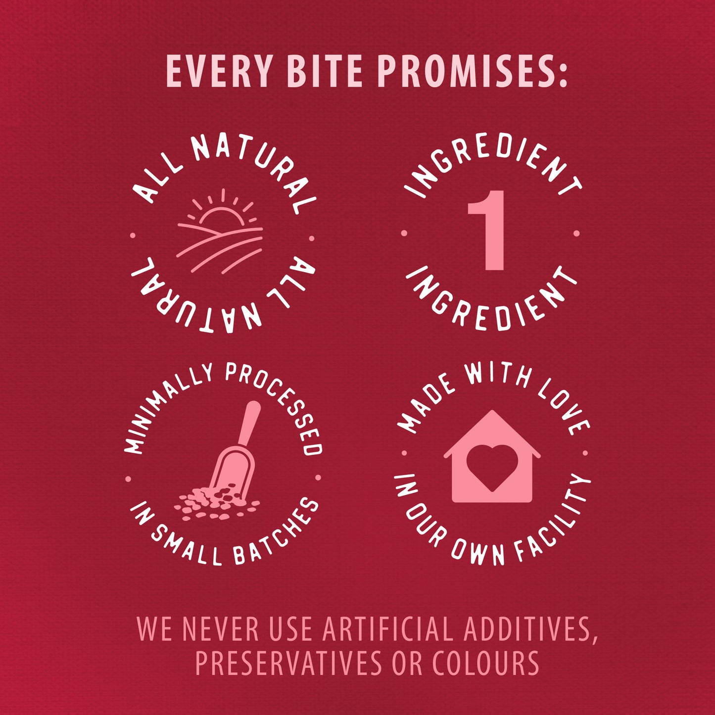 
                        
                          Red background with white text and icons detailing product promises on a food packaging design.
                        
                      