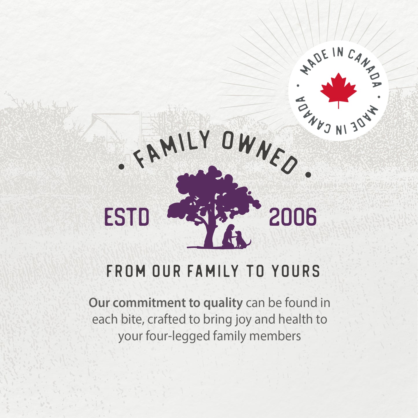 
                        
                          Family owned since 2006, Caledon Farms Simply Freeze-Dried Beef Recipe 280g features high-protein dog food made with care. Includes a ‘Made in Canada’ maple leaf badge and art of a person and dog under a tree, reflecting our commitment to quality.
                        
                      