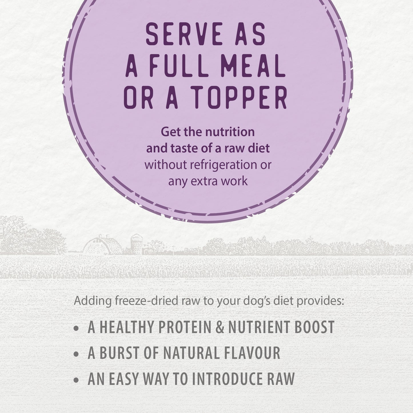 
                        
                          Promotional graphic for Caledon Farms Simply Freeze-Dried Beef Recipe 280g—high protein dog food, great as a meal or topper, highlights natural flavor and easy raw diet intro, featuring a farm illustration at the bottom.
                        
                      