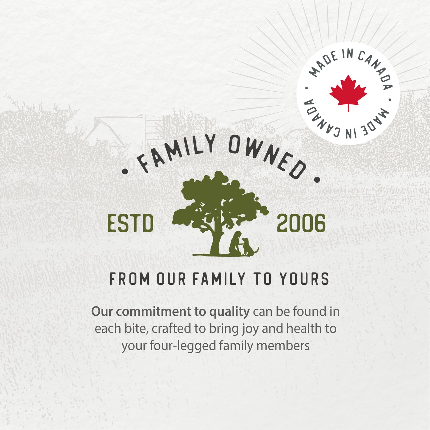 
                        
                          Graphic features a tree, person, and dog with text: Family Owned ESTD 2006. From our family to yours—committed to quality. A red maple leaf seal reads Made in Canada—Caledon Farms Simply Freeze-Dried Chicken Recipe 280g you can trust.
                        
                      