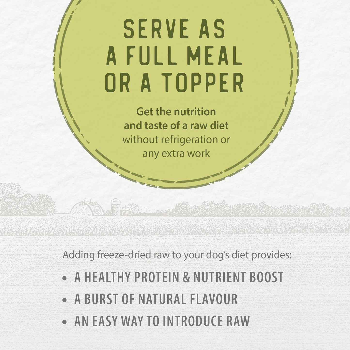 
                        
                          Promotional image for Caledon Farms Simply Freeze-Dried Chicken Recipe 280g, highlighting its use as a complete meal or topper. Features high protein, natural chicken flavor, and an easy intro to raw—ideal for dogs wanting nutritious freeze-dried food.
                        
                      