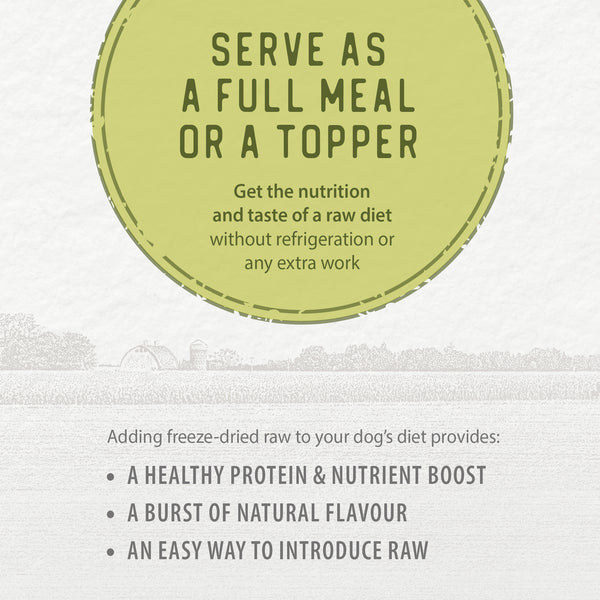 Promotional image for Caledon Farms Simply Freeze-Dried Chicken Recipe 280g, highlighting its use as a complete meal or topper. Features high protein, natural chicken flavor, and an easy intro to raw—ideal for dogs wanting nutritious freeze-dried food.