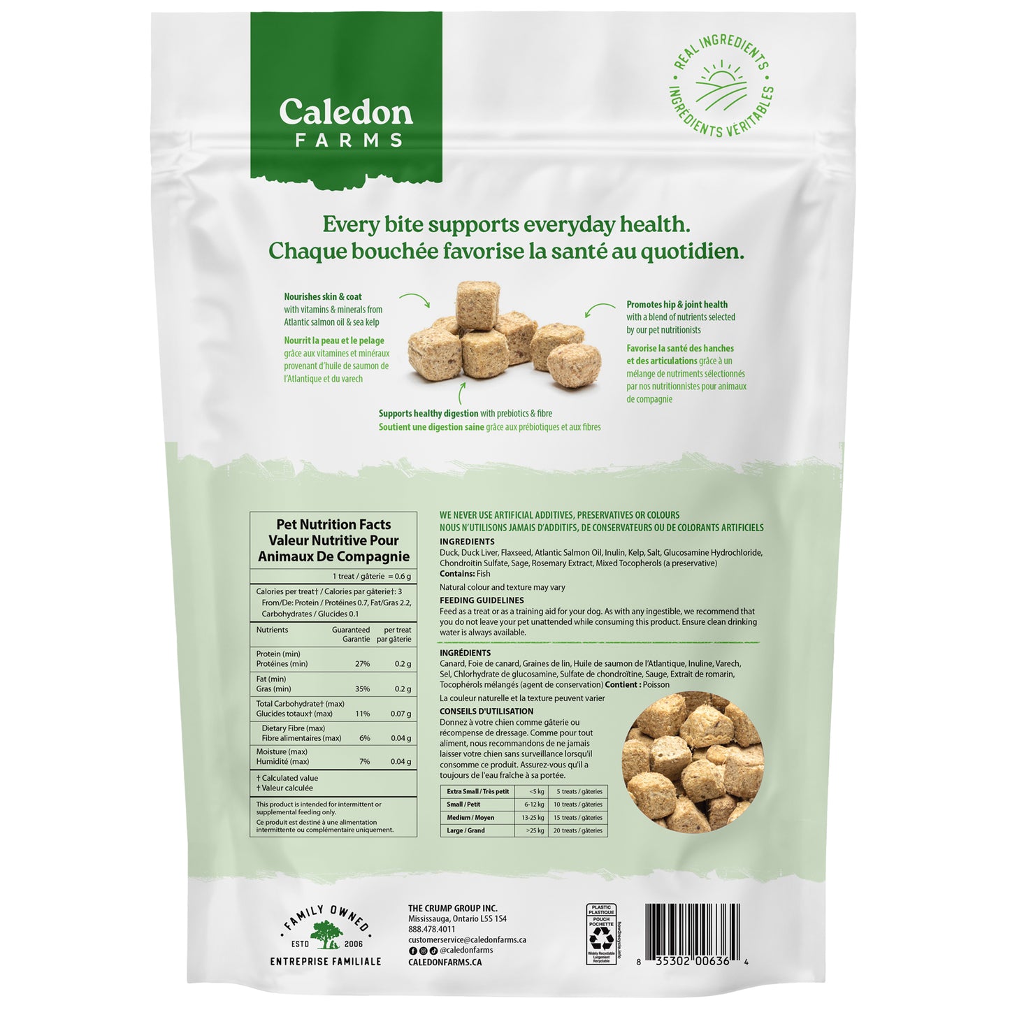 Back view of Caledon Farms Duck Bites + Daily Essentials 110g package shows product info, nutrition facts, ingredients, feeding guidelines, and images of the square-shaped treats. Text appears in English and French.