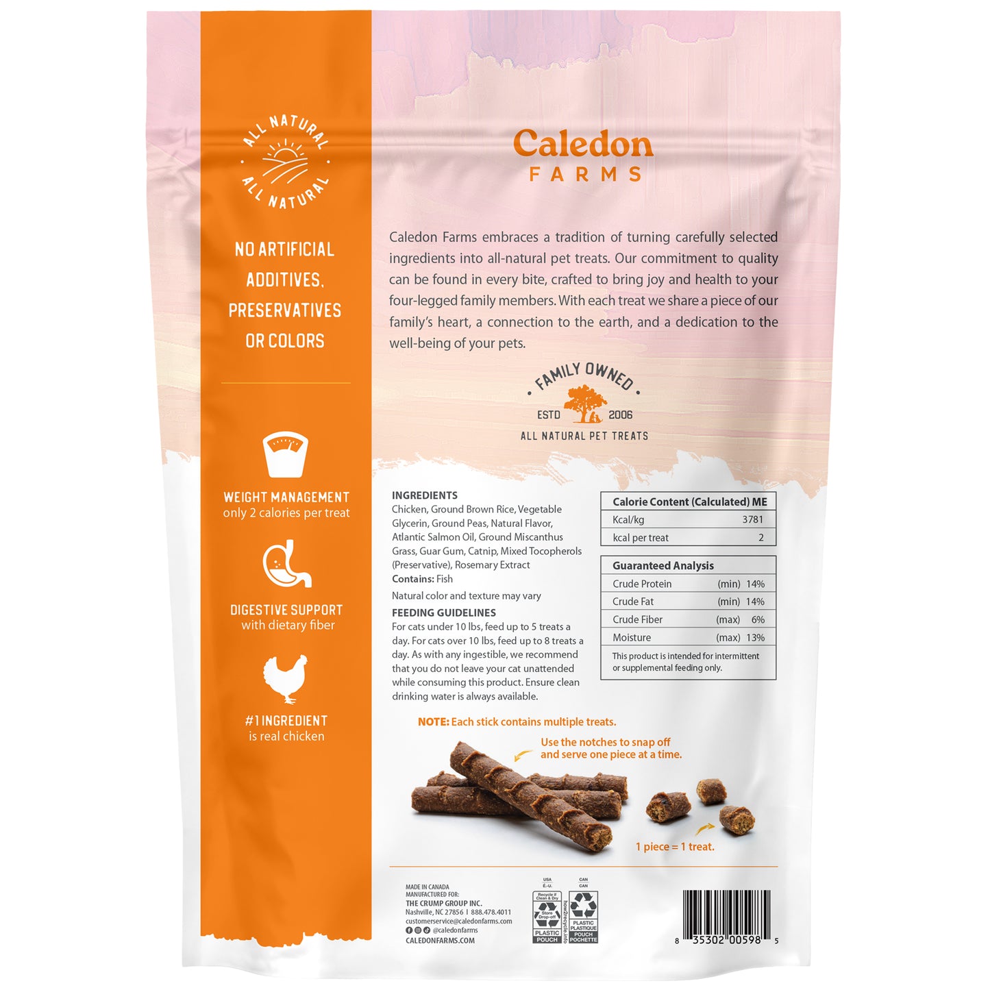 Back of a Caledon Farms NutriSnaps Chicken Recipe 113g bag showing crunchy, healthy cat treats made with real chicken. No artificial additives. Supports weight management and digestion. Ingredients and nutrition info provided.