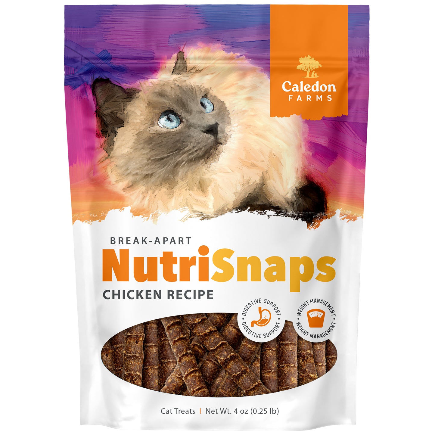 The 113g bag of Caledon Farms NutriSnaps Chicken Recipe cat treats shows a fluffy cat illustration, a vibrant painted background, a clear window revealing the treats, and highlights digestive and heart health support.