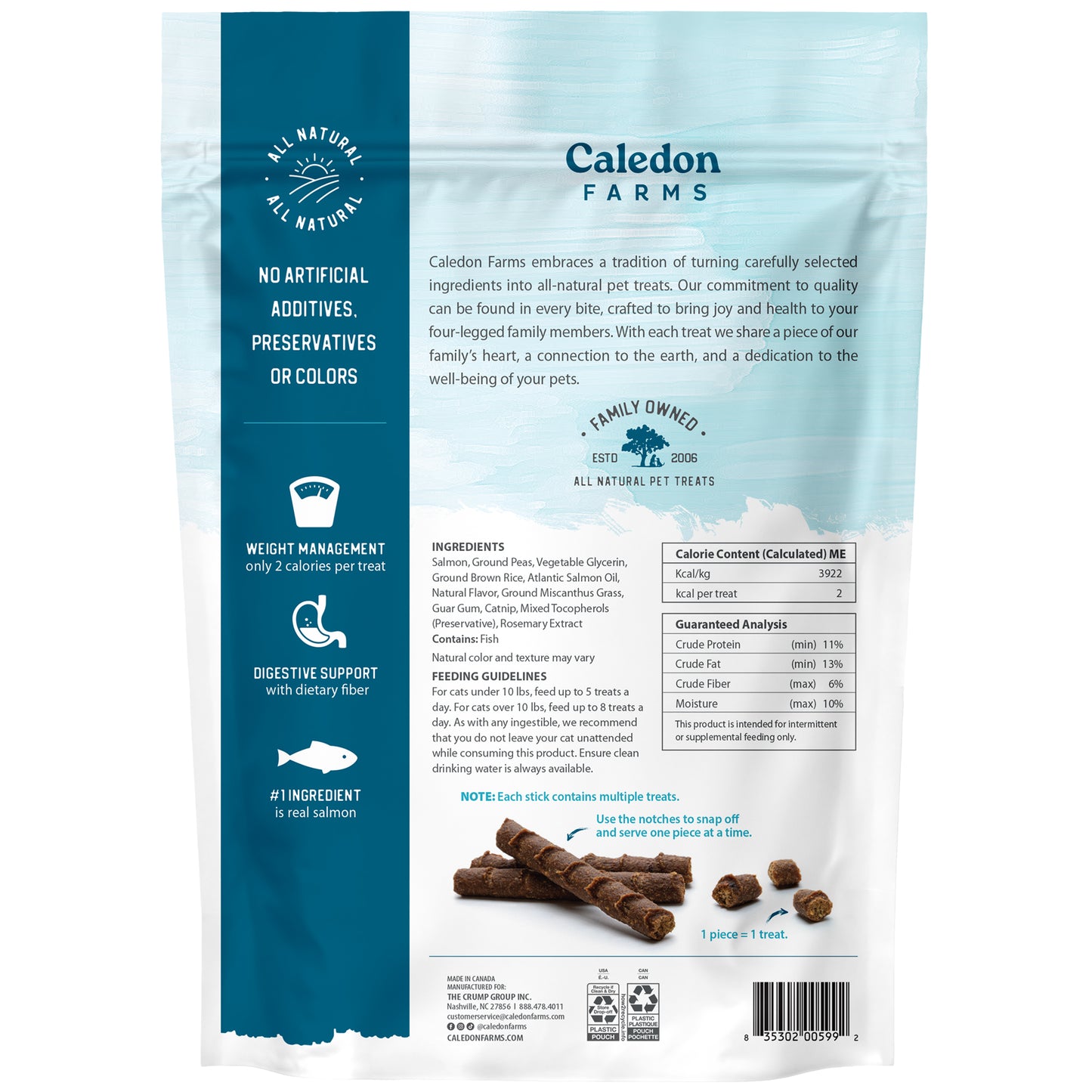 Back of a Caledon Farms NutriSnaps Salmon Recipe 113g bag, showing all-natural salmon cat treats, nutritional facts, icons for no additives and healthy digestion, plus images of real salmon treat sticks for your cat’s enjoyment.