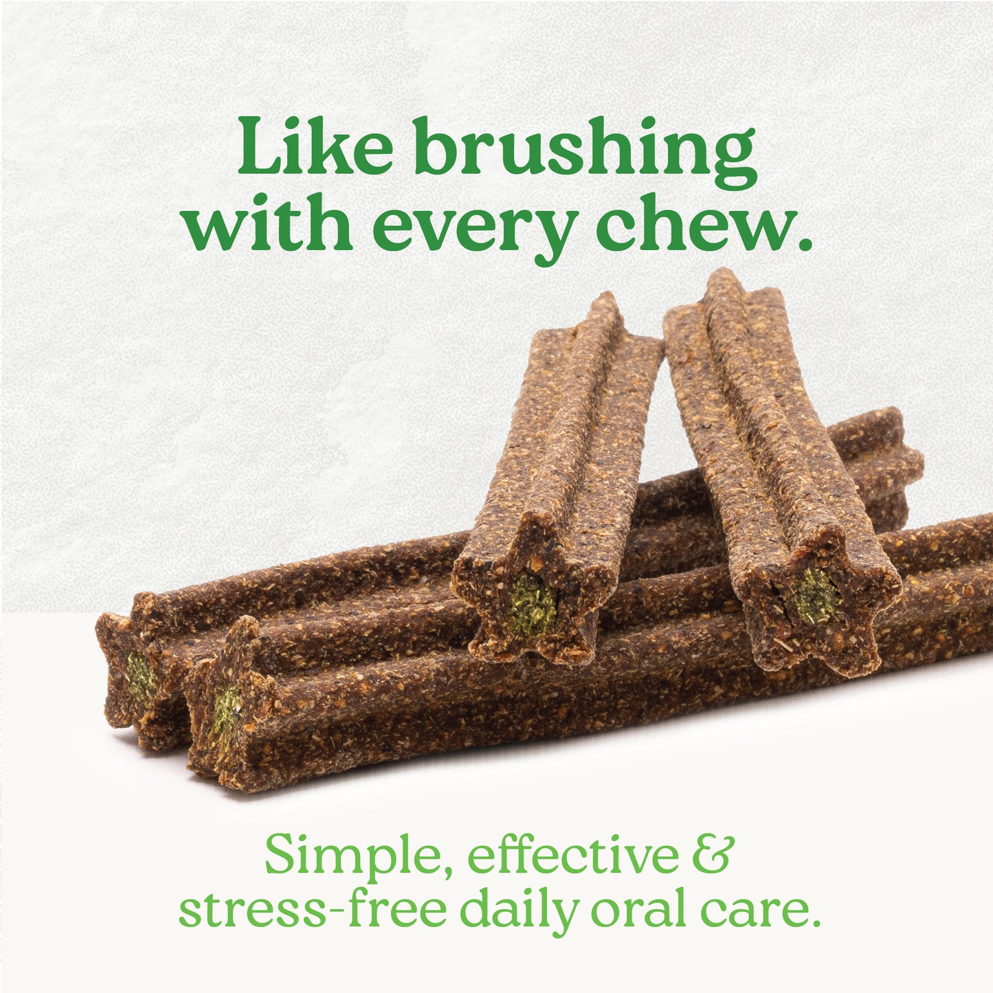 
                        
                          A few Caledon Farms Plaque Busters Dental Sticks Triple Action Natural Mint Flavour 234g are stacked on a white surface, showing green filling. Text: Like brushing with every chew. Simple, effective & stress-free daily plaque and tartar control.
                        
                      
