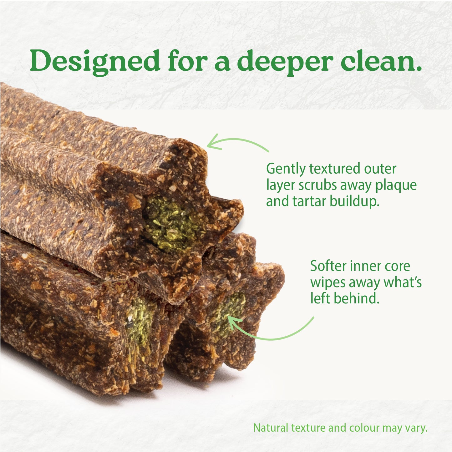 
                        
                          Three mint-flavored Caledon Farms Plaque Busters Dental Sticks feature a brown, textured outer layer for plaque control and a green core for cleaning residue. Text: Designed for a deeper clean.
                        
                      