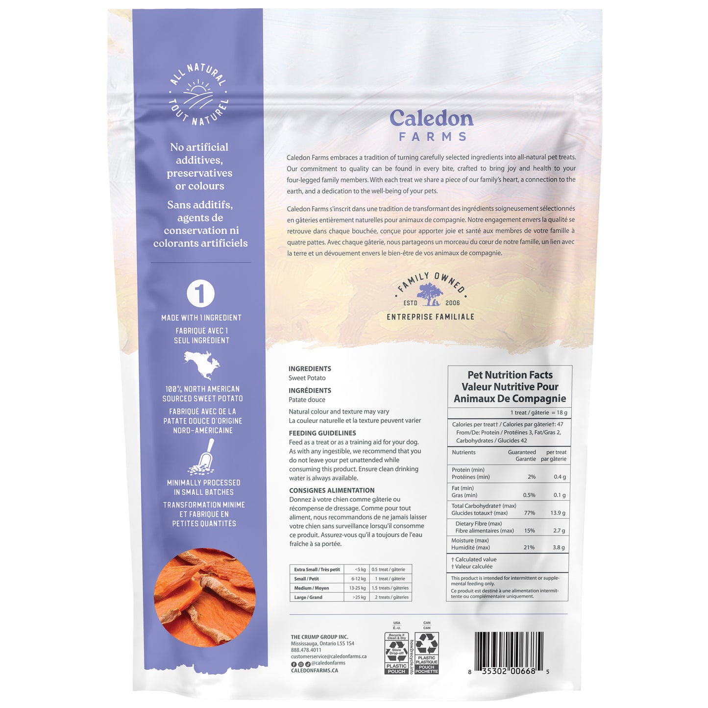 Back of a Caledon Farms Canada Super Value Pack Sweet Potato Chews 1140g shows product info, ingredients, nutrition, and treat image. This natural dog snack contains no additives and is made by a family-owned Canadian business.