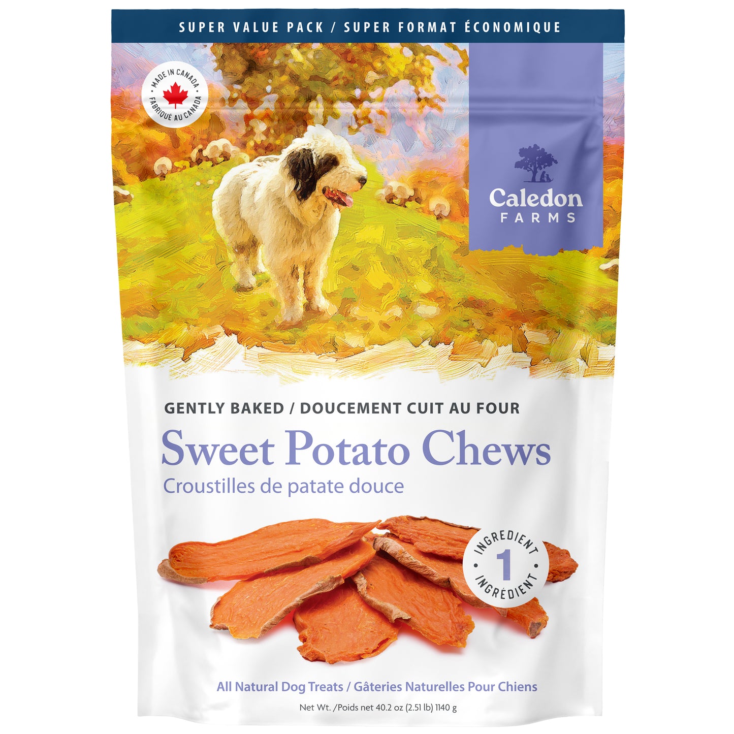 Caledon Farms Canada Super Value Pack Sweet Potato Chews 1140g is a natural, vegan dog snack made with just one ingredient. The packaging shows an illustrated dog in a field and images of the sliced chews.