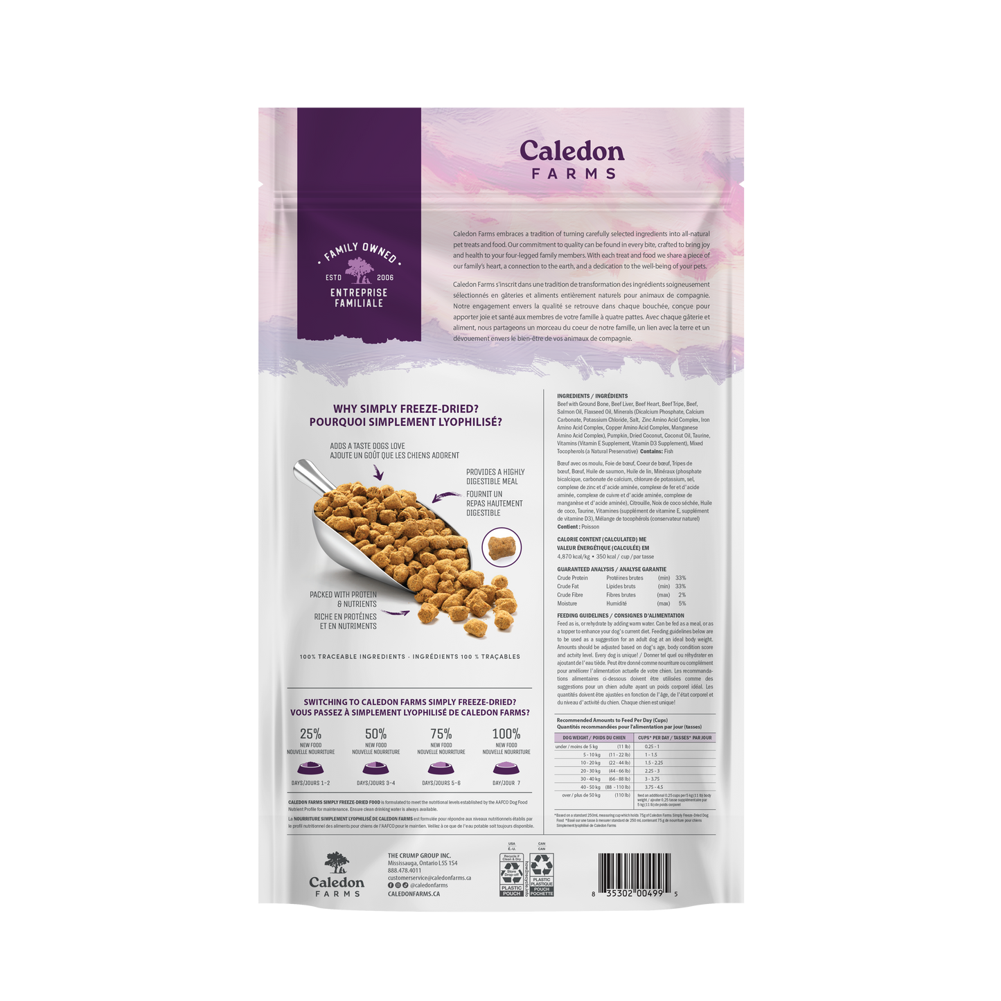 The back of the Caledon Farms Simply Freeze-Dried Beef Recipe 280g package features feeding instructions, nutritional info, a product description, and a scoop of freeze-dried treats on white and purple branded details.