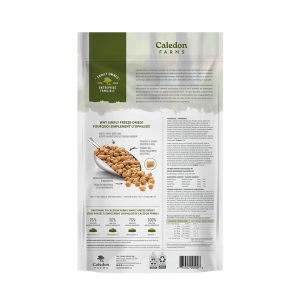 The back of a Caledon Farms Simply Freeze-Dried Chicken Recipe 280g package displays product information, high protein claims, feeding guidelines, and branding in green and white.